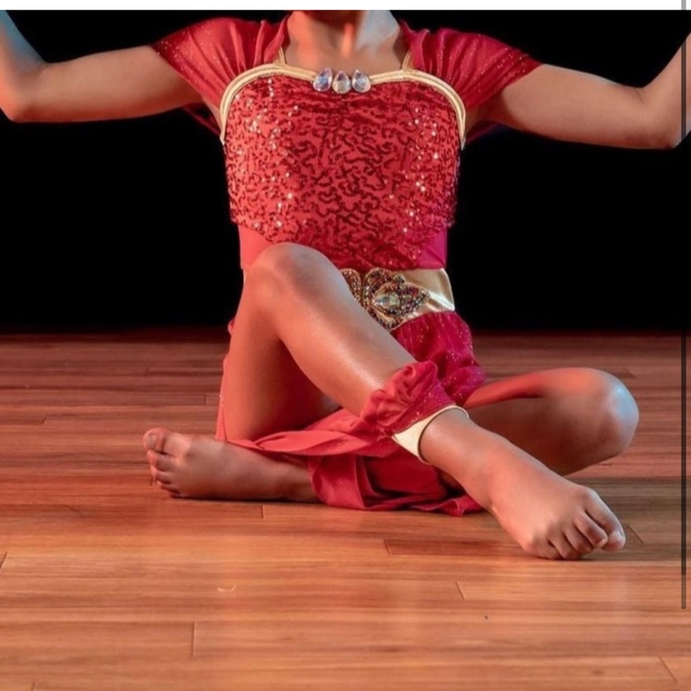 Weissman Red and Gold Dance Costume with Shimmering Lace